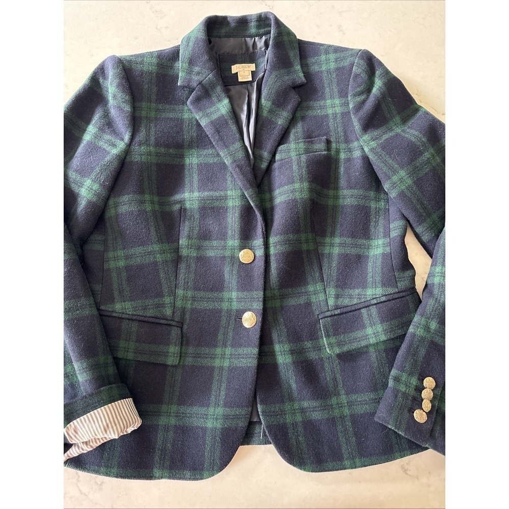 J Crew Womens 4 Black Watch Plaid Wool-Blend Schoolboy Blazer Blue Green F5927